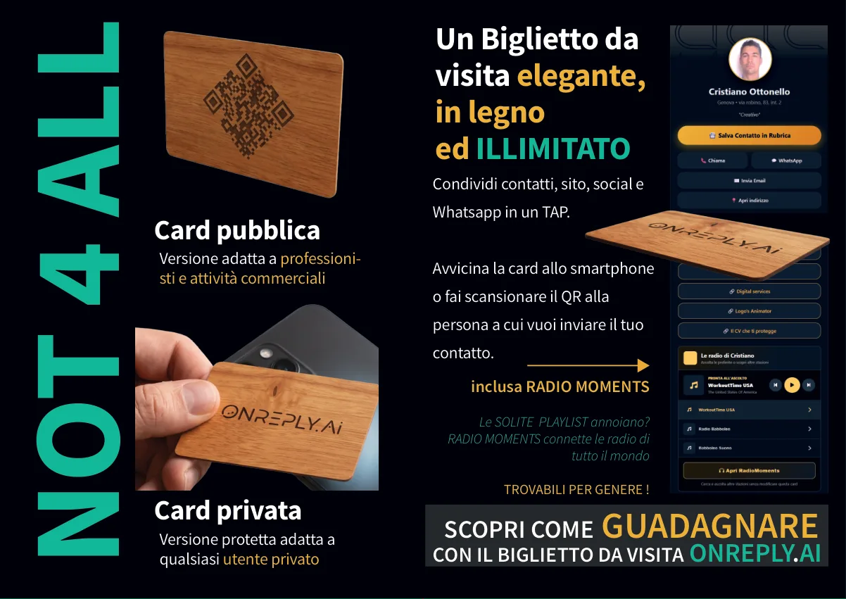 Fronte del volantino OnReply: card NFC per condividere contatti e profilo digitale